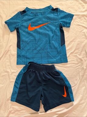 Nike Blue & Navy Active Tee and Shorts Set with Orange Swoosh